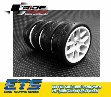 RC banden on the road Ride 1/10 Slick Tires Precut 24mm Pre-glued with 10 Spoke Wheel White, 4pcs.