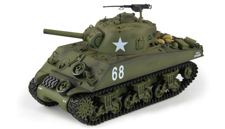 RC tank  U.S.M4A3 Sherman 2.4GHZ IR/BB rook en geluid V7.0  Control edition in luxe houten opberg kist