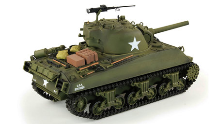 RC tank  U.S.M4A3 Sherman 2.4GHZ IR/BB rook en geluid V7.0  Control edition in luxe houten opberg kist