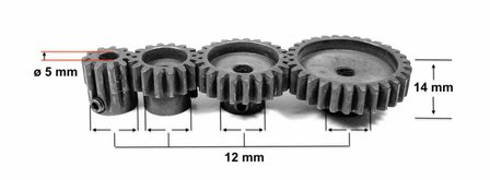 Tandwiel Material: Stahl Pitch: Modul 1 Motorwellenaufnahme &Oslash;: 5mm Ritzell&auml;nge: 14mm Ritzel &Oslash; 28 tands