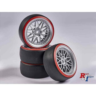 RC banden on the road  set 4 banden met velg 900156 1:10 R&auml;derset Drift (4) silber- rot