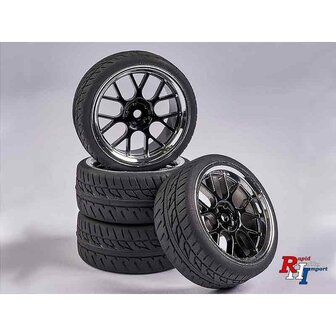 RC banden on the road  set 4 banden met velg 900162 1:10 R&auml;derset Y-Design2 (4) schwarz-chrom