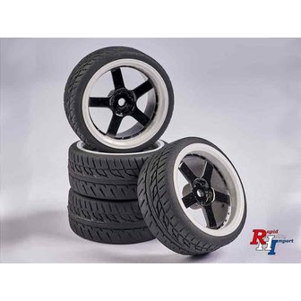 RC banden on the road  set 4 banden met velg 900165 1:10 Wheel Set 5 sp. Design (4) black/white