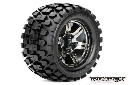 RXR3003-CB0 Tires - 1/10 Monster Truck - mounted - 0 offset - Chrome Black wheels - 12mm Hex - Rhythm (2 pcs)