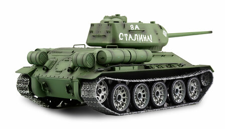 RC tank Russische T34/85 pro line 2,4 GHz  1:16  IR/BB 2.4 GHZ rook en geluid V7.0 in luxe houten kist