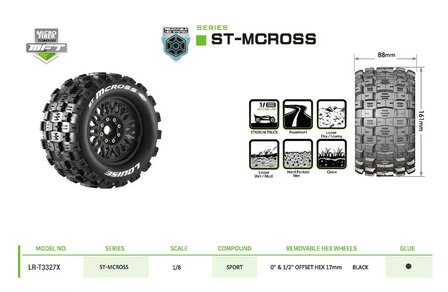 LT3327X Louise RC - MFT - ST-MCROSS - 1-8 Stadium Truck Tire Set - Mounted - Sport - Black Wheels - Removable 0" &amp; 1/2" OFFSET HEX 17mm - L-T3227X 2stuks