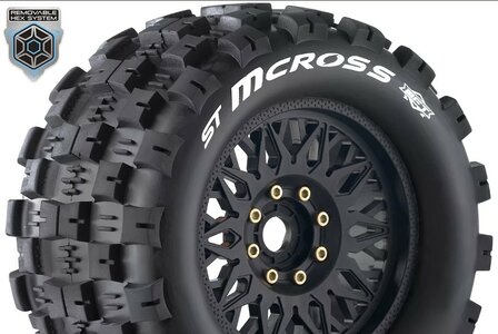 LT3327X Louise RC - MFT - ST-MCROSS - 1-8 Stadium Truck Tire Set - Mounted - Sport - Black Wheels - Removable 0" &amp; 1/2" OFFSET HEX 17mm - L-T3227X 2stuks