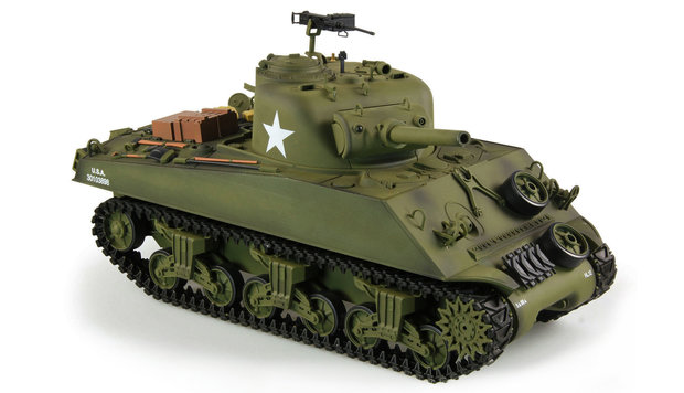 RC tank  U.S.M4A3 Sherman 2.4GHZ IR/BB rook en geluid V7.0  Control edition in luxe houten opberg kist