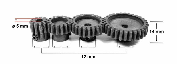 Tandwiel Material: Stahl Pitch: Modul 1 Motorwellenaufnahme Ø: 5mm Ritzellänge: 14mm Ritzel Ø 28 tands