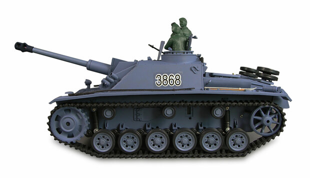 RC tank Sturmgeschütz III R&S/2.4GHZ AMEWI QC Control Edition rook, geluid, BB IR V7.0 23067