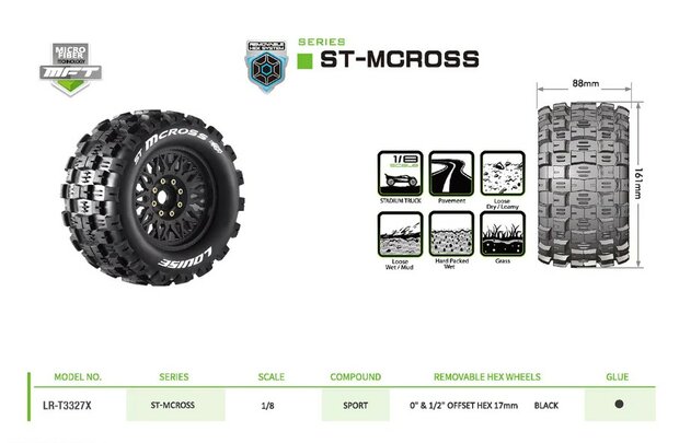LT3327X Louise RC - MFT - ST-MCROSS - 1-8 Stadium Truck Tire Set - Mounted - Sport - Black Wheels - Removable 0" & 1/2" OFFSET HEX 17mm - L-T3227X 2stuks