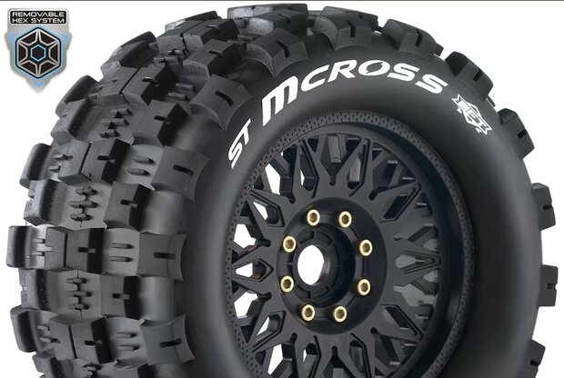 LT3327X Louise RC - MFT - ST-MCROSS - 1-8 Stadium Truck Tire Set - Mounted - Sport - Black Wheels - Removable 0" & 1/2" OFFSET HEX 17mm - L-T3227X 2stuks