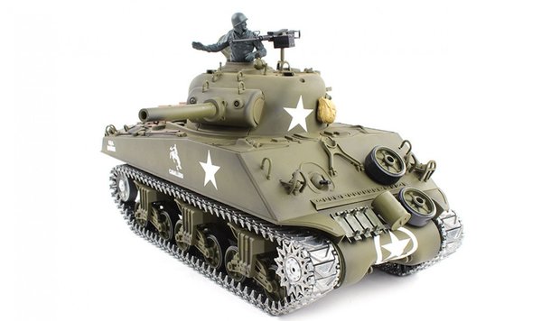 RC tank  U.S.M4A3 Sherman metalen tracks en aandrijving 2.4GHZ rook, geluid IR/BB Control edition in luxe opbergkist
